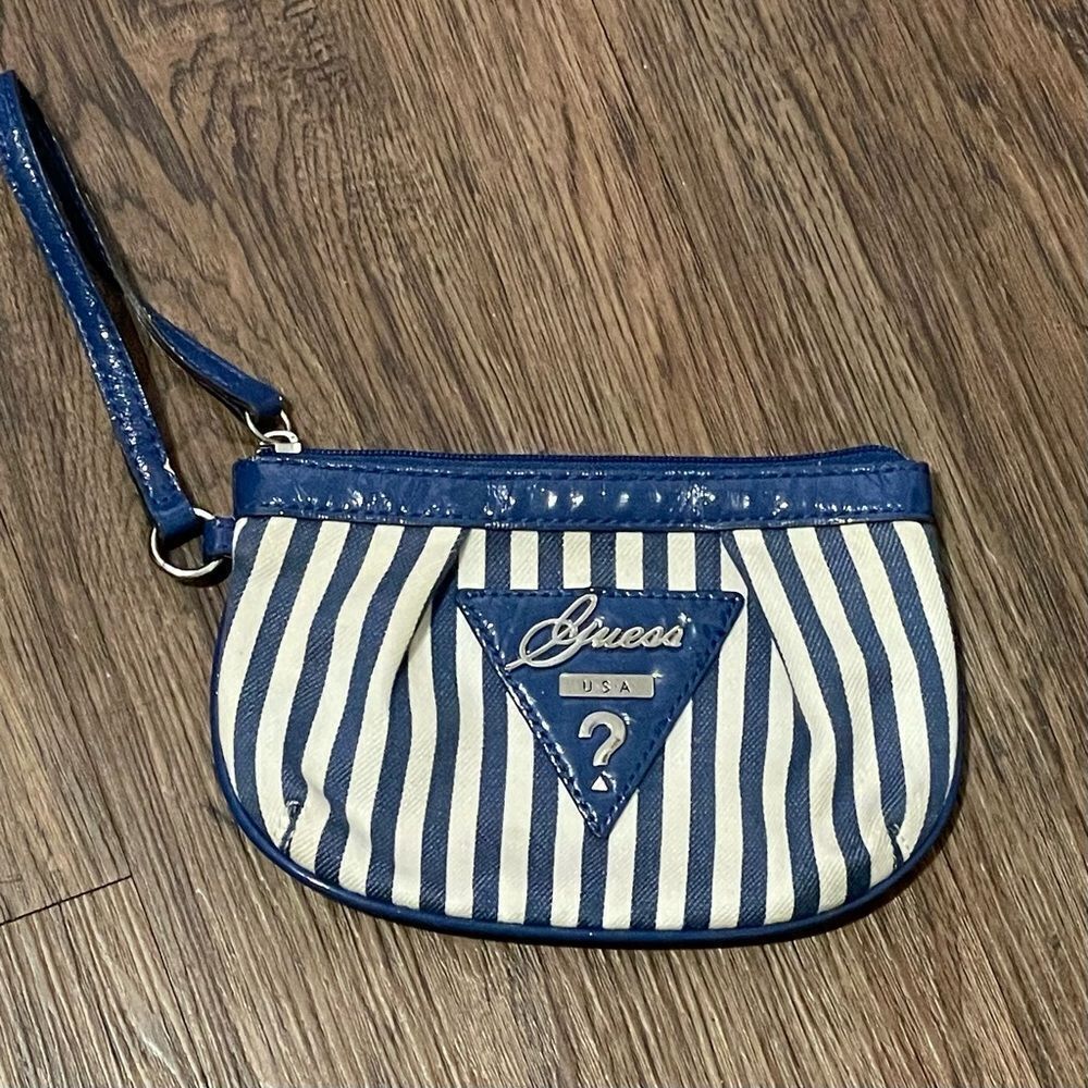 Vintage Guess Striped Wristlet Pouch Blue White With Silver Emblem and Hardware
